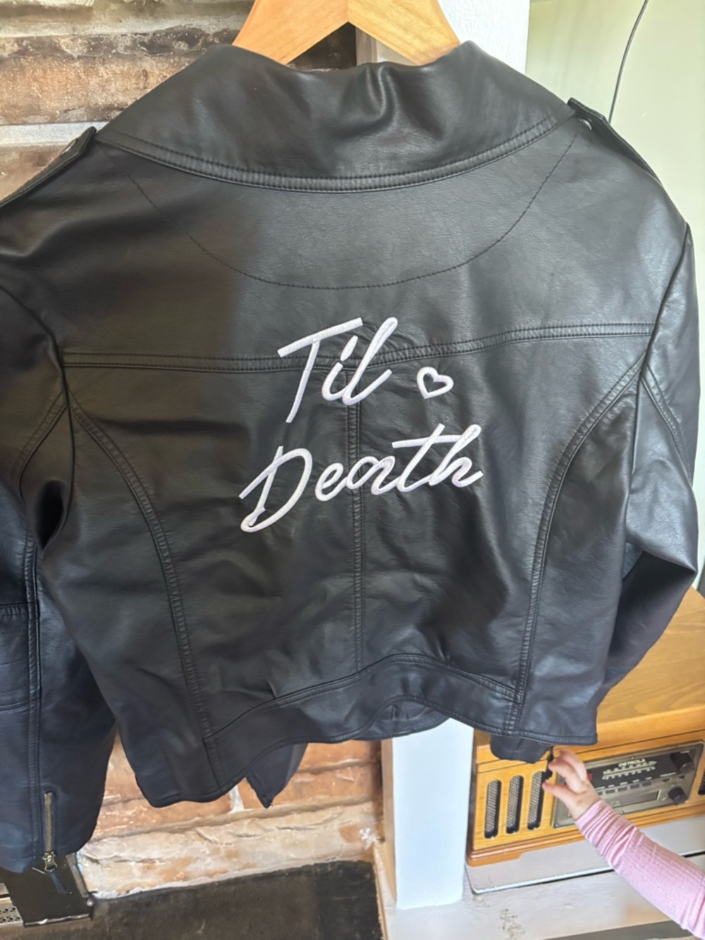 Women's Black Faux Leather Jacket with 'Til Death' Embroidery